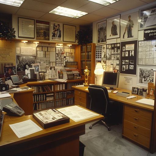 Film director's office design with storyboards and awards