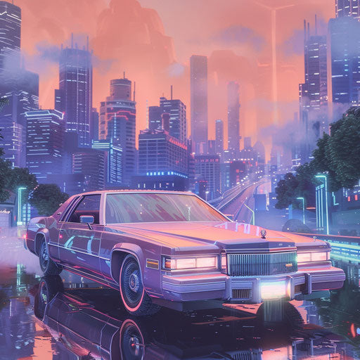 Retro-futuristic Coupe DeVille in futuristic cityscape