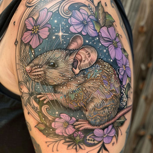 Enchanted tattoo sketch of a rat with fairy tale elements, detailed in soft pastels and shimmering glitter