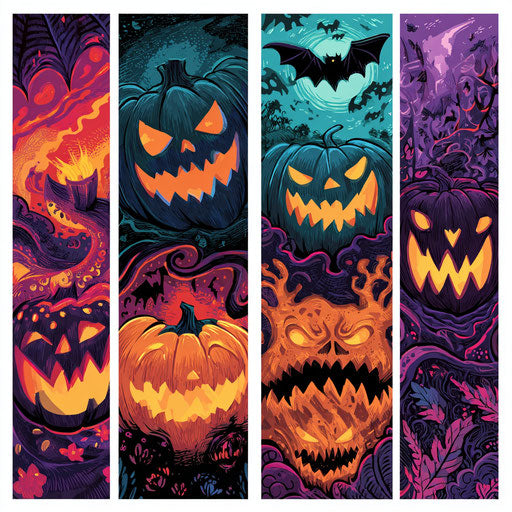 Five Colorful Halloween Panels with Pumpkins and Bats