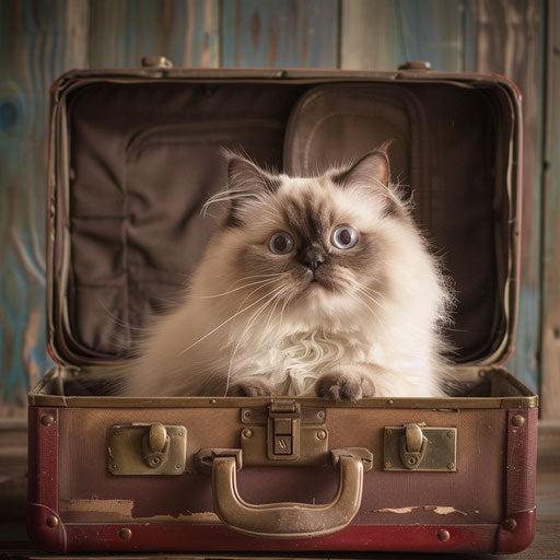 Himalayan cat in a vintage suitcase, ready for travel