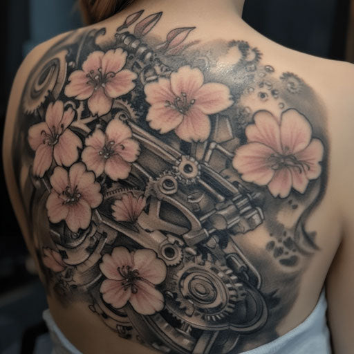Japanese cherry blossom tattoo with steampunk gears