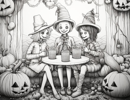 Three people drinking cider with pumpkin coloring pages