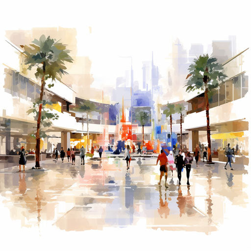 Shopping center illustration in the style of Impressionistic Art, on white background