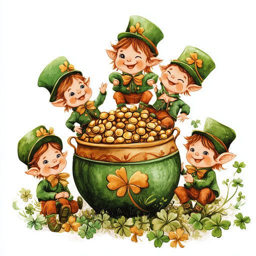 St. Patrick's Day, cute baby leprechauns by gold pots and shamrocks