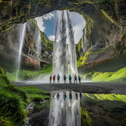 Seljalandsfoss waterfall with adventurous hikers in the foreground