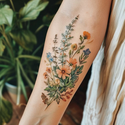 Vintage wildflower tattoo, muted colors, aged look, nostalgic feel