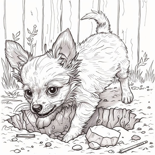 A playful Chihuahua digging a hole in the garden