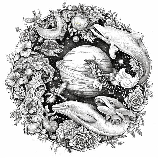 Nature-themed planets with animals in the style of a Teagan White coloring book