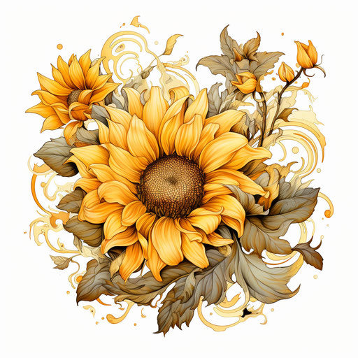 A sunflower in outline drawing on white background