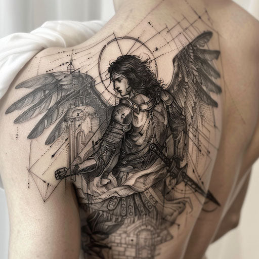 Blackwork tattoo with Saint Michael in silhouette