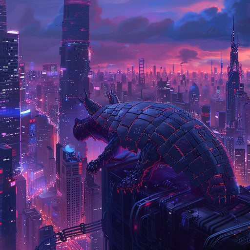 A cybernetic armadillo exploring a futuristic cityscape at dusk