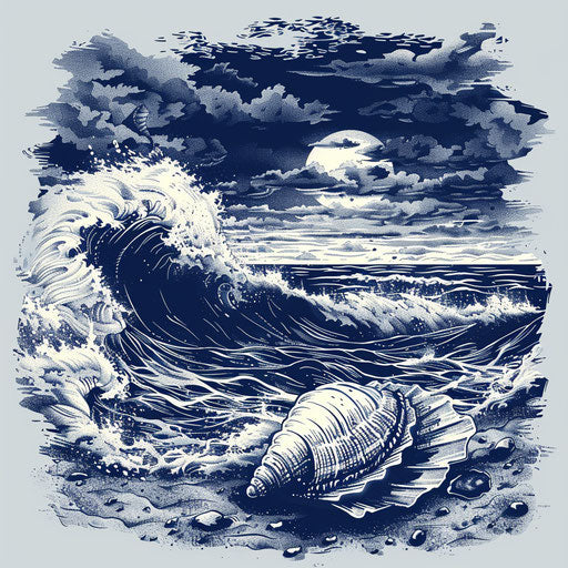 Dramatic tattoo sketch of a stormy sea with a lone shell on the beach