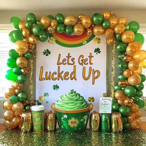 St. Patrick's Day backdrop, rainbow, green cream pot, shiny golden balloons