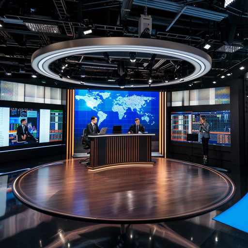 Financial news broadcast with anchors discussing market updates, sleek studio design