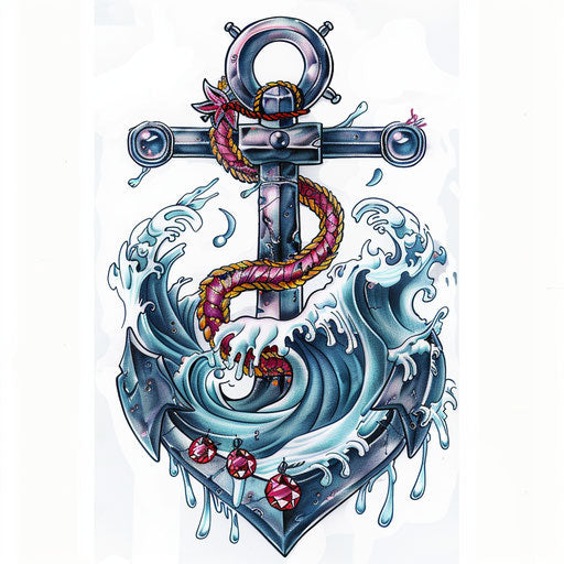 Nautical tattoo sketch of anchor and waves with ruby, ocean blue and jewel red