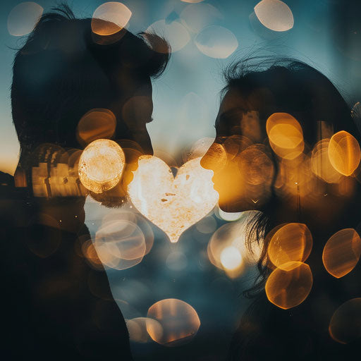 Heart-shaped light on blurry background, couple's faces