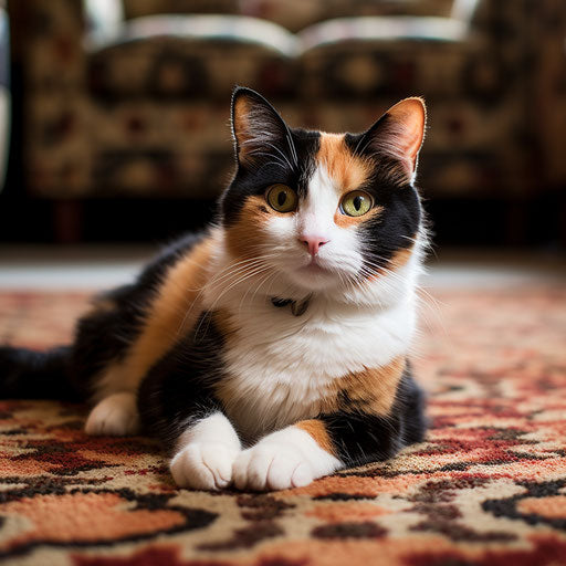Calico cat lounging on a carpet