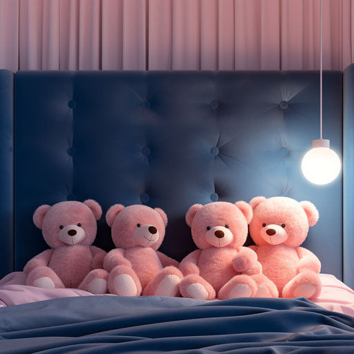 Plush bears in bed, light navy and pink style