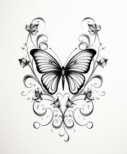 Butterfly wings and vines in black and white, clean and simple design