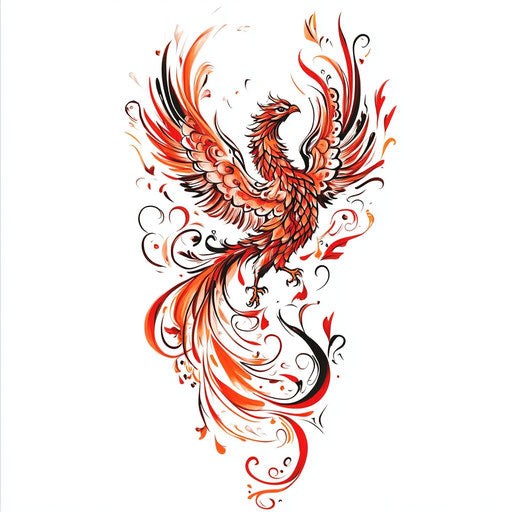 Female arm tattoo with red and orange phoenix