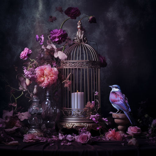 Purple flower in a bird cage