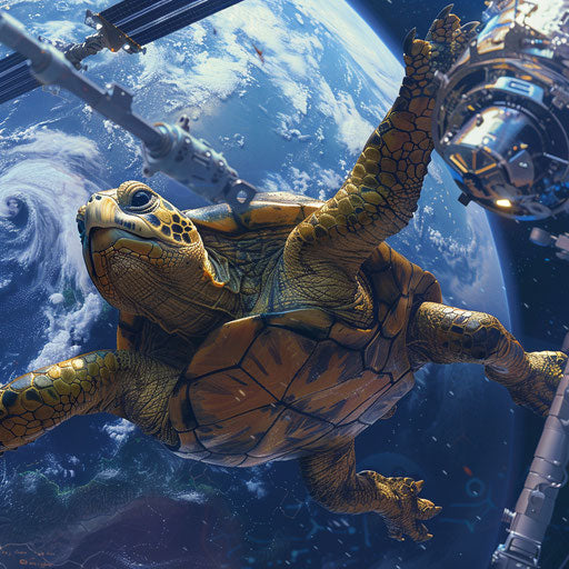 Turtle astronaut floating by a space station, Earth in the background