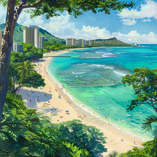 Waikiki Beach with lush green surroundings and clear waters