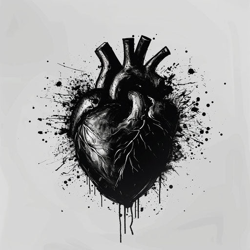 Artistic flat tattoo sketch of a black heart with brush strokes and splatter effects