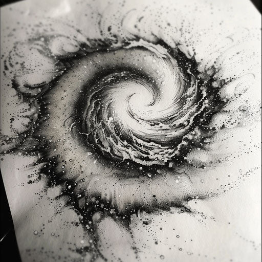 Dynamic flat tattoo sketch of a swirling galaxy design using only dots