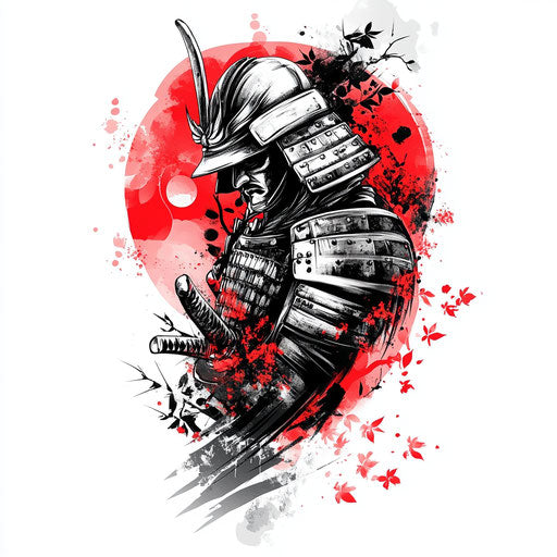 Beautiful Japanese samurai tattoo sketch in flat clipart style