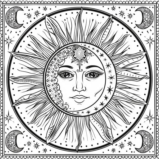 Celestial sun and moon design with intricate details
