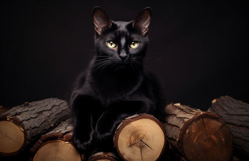 A black cat on a log, wiccan style, strong facial expression