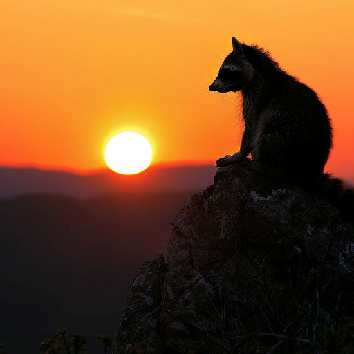 Raccoon's silhouette at sunset on rocky outcrop overlooking valley