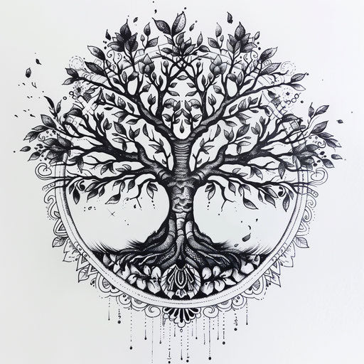 Mandala tree of life tattoo design, circles symmetry white