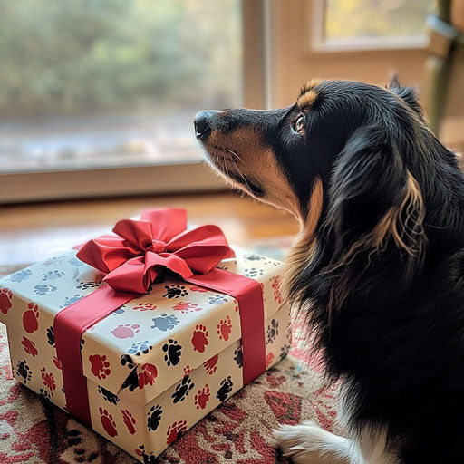Curious dog sniffing at Christmas present