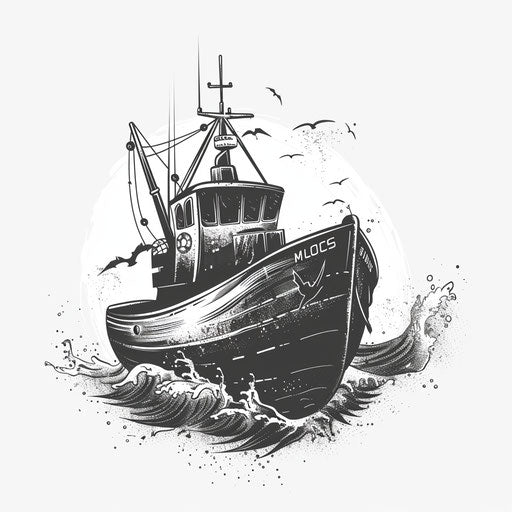 Graphic tattoo illustration of a fishing boat on waves