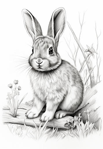 Black and white drawings of a bunny rabbit, delicate style