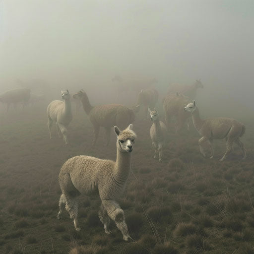 Alpacas navigating through a dense fog