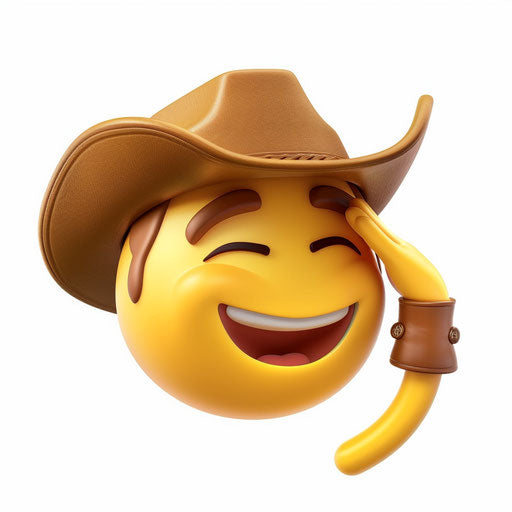 Yellow face with hand on forehead, cowboy hat, salute