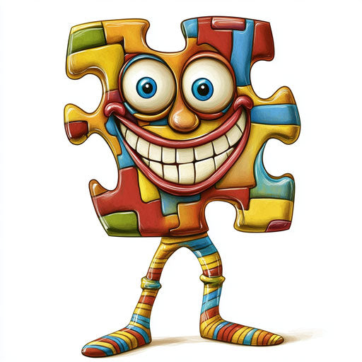 Humorous caricature of a puzzle piece with human characteristics