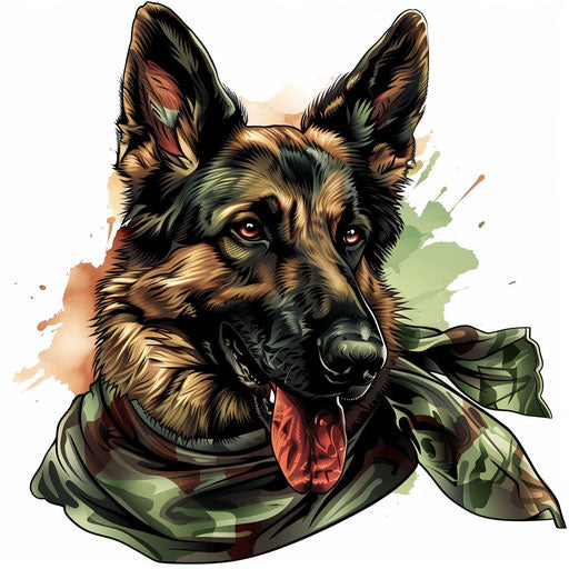 Dynamic illustration of a military dog with a bandana, in a bold cartoon style on white