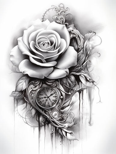 Rose tattoos with watches, moody black and white style