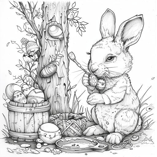 Whimsical scene of a bunny painting Easter eggs