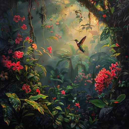 Moth like hummingbird in lush garden at dawn