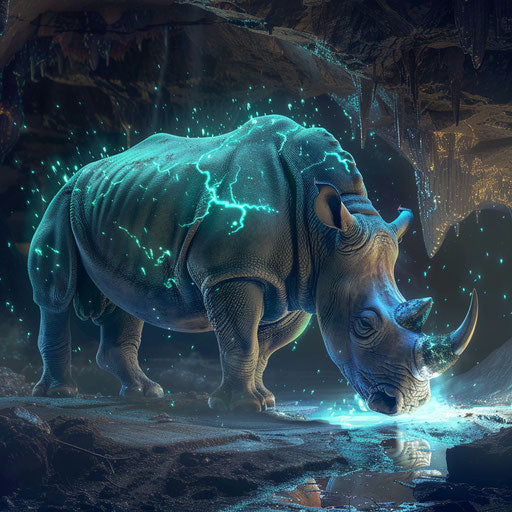 Rhino exploration of underground cave with glowing minerals