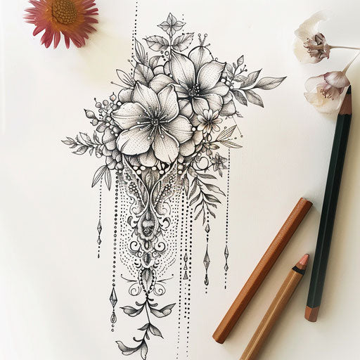 Botanical lace tattoo sketch with intertwined floral elements