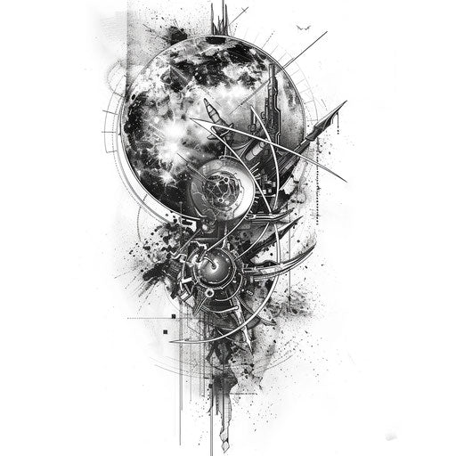 Biomechanical tattoo concept with moon and stars merging with futuristic elements, on a white base.