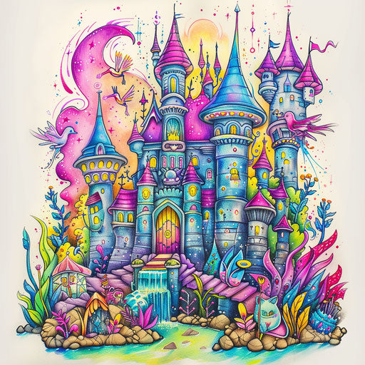 Fairy-tale castle with magical creatures, pastel clipart style