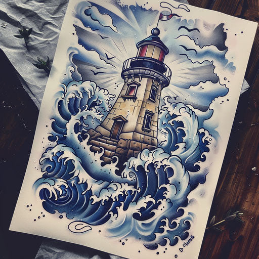 Vintage tattoo of lighthouse with crashing waves